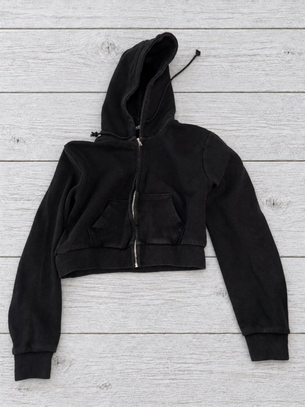 Brandy Melville Black Cropped Zip-Up Hoodie Drawstring Pockets